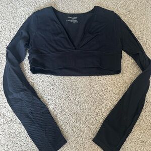 Garage Black Ribbed V-Neck Long Sleeve Crop Top
